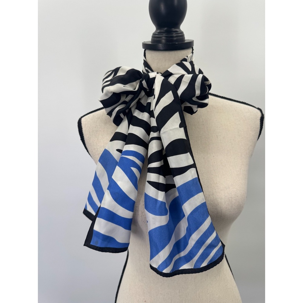 Anne Klein Zebra Striped Silk Scarf Shawl Wrap Colorblock Black White Blue 13x62